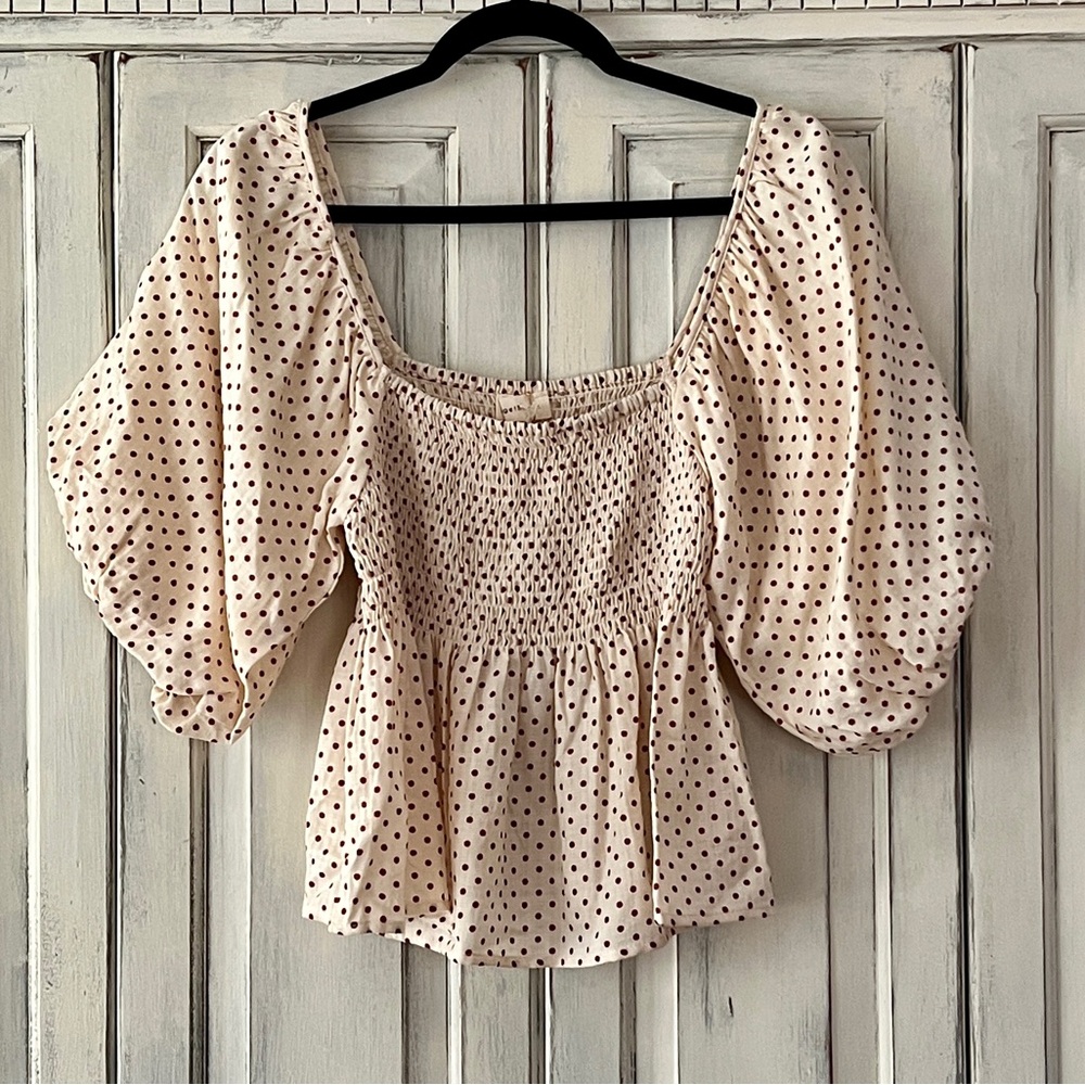 By Together Cream Polka Dot Puff Sleeve Blouse